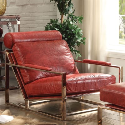 Quinto Accent Chair in Antique Red Top Grain Leather & Stainless Steel Finish by Acme - 96672