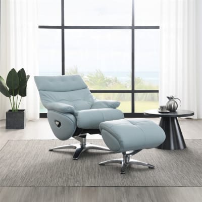 Janella Accent Chair w/Swivel and Ottoman in Babyblue Top Grain Leather Finish by Acme - AC02990