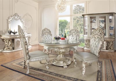 Sandoval 5 Piece Round Table Dining Room Set in Beige Synthetic Leather & Champagne Finish by Acme - DN01493