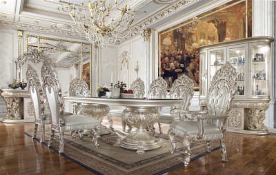 Sandoval 7 Piece Dining Room Set in Beige Synthetic Leather & Champagne Finish by Acme - DN01494