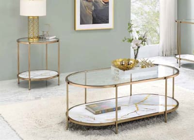 Fiorella 3 Piece Occasional Table Set in Glass, White Marble Print & Champagne Finish by Acme - LV02225-S
