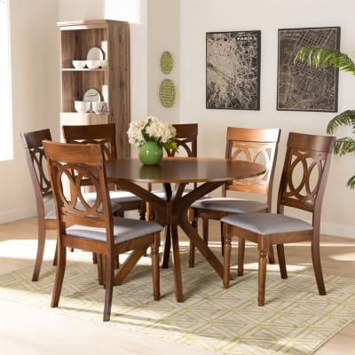 Jessie 7 Piece Round Dining Room Set in Grey and Walnut Brown Finish by Baxton Studio - BAX-Jessie-Grey/Walnut-7PC