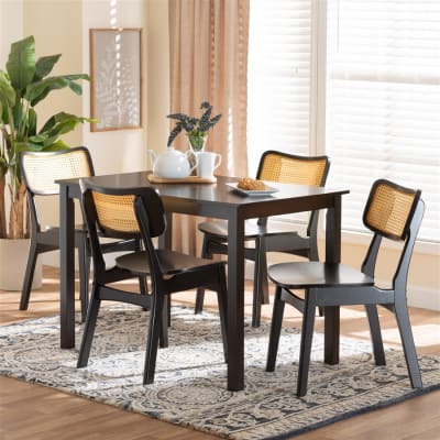 Estera 5 Piece Rectangular Dining Room Set in Dark Brown and Rattan Finish by Baxton Studio - BAX-RH254C-Natural Rattan/DB-Rectangle-5PC