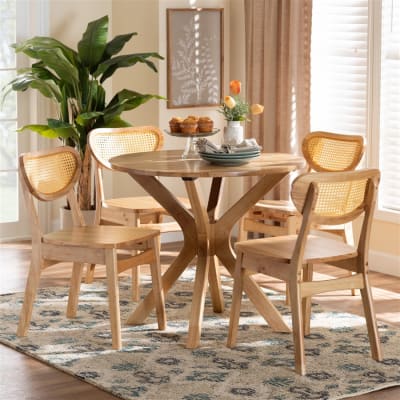 Donato 5 Piece Round Dining Room Set in Oak Brown and Rattan Brown by Baxton Studio - BAX-RH256C-Natural Rattan-Round-5PC