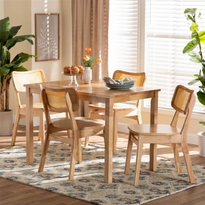 Dulcet 5 Piece Rectangular Dining Room Set in Oak Brown and Rattan Brown by Baxton Studio - BAX-RH257C-Natural Rattan-Rectangle-5PC