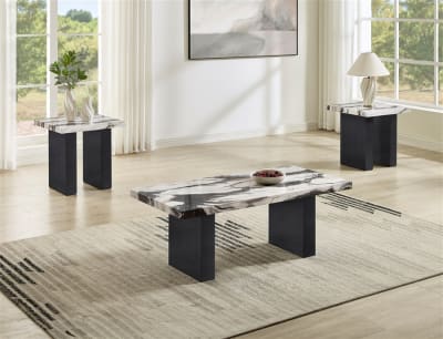Vega 3 Piece Cocktail Table Set in Luxe Marble-Effect Top and Black Finish by Crown Mark - CM-4120SET