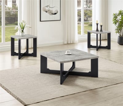 Royce 3 Piece Cocktail Table Set in Stone-Effect Top and Matte Dark Base by Crown Mark - CM-4130SET
