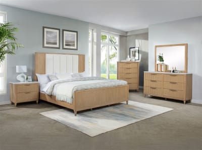 Kara 6 Piece Upholstered Panel Bedroom Set in Cerused Natural Finish by Crown Mark - CM-B1450-SET