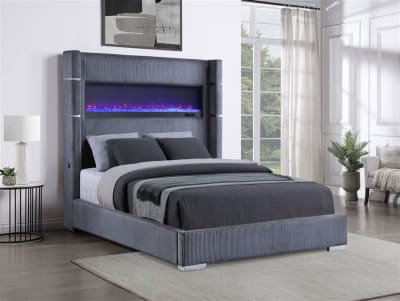 Tisdall Upholstered Queen Flame Visualizer Bed in Grey Plush Corduroy by Coaster - COA-306030Q