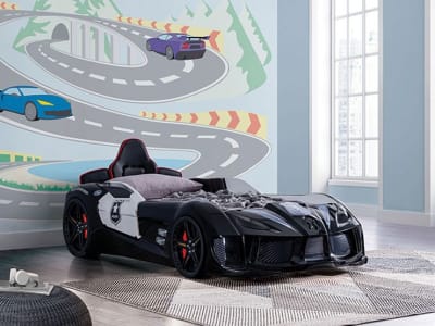 Patrolene Twin Police Car Bed in Black/White Finish by Furniture of America - FOA-7723PL-B