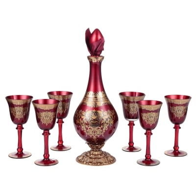 Arc De Cristal 7 Piece Decanter Set in Bronze/Ruby Red/Gold Finish by Homey Design - HD-6031