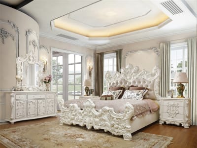 Classic Hand Carved 6 Piece Bedroom Set in Ivory Finish by Homey Design - HD-8008I