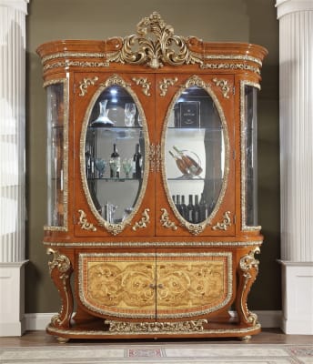 European Carved Bright Gold & Medium Golden Tan Finish China Cabinet by Homey Design - HD-8024-CB
