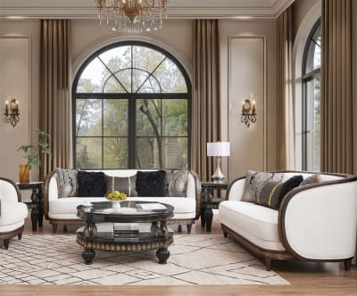 2 Piece Living Room Set in Antique Dark Wood with Light Upholstery by Homey Design - HD-9043