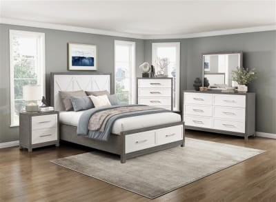 Rowan Footboard Storage 6 Piece Queen Bedroom Set in Ivory and Gray Finish by Home Elegance - HEL-1366