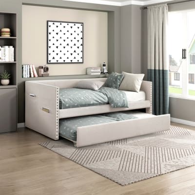 Boynton Twin Daybed with Trundle in Beige Fabric by Home Elegance - HEL-4691BE