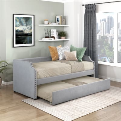 Shiloh Twin Daybed with Trundle in Light Gray Fabric by Home Elegance - HEL-4988LG