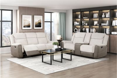 Harriette 2 Piece Double Reclining Sofa Set in Beige Chenille and Polished Microfiber Upholstery by Home Elegance - HEL-9703BE