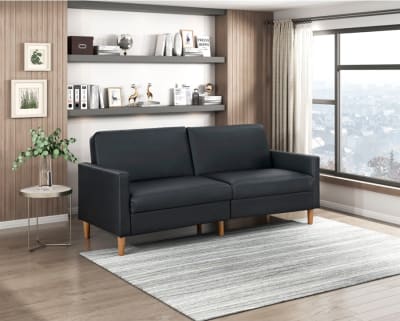 Carlton Convertible Futon Sofa Bed in Black Faux Leather and Walnut Finish by Home Elegance - HEL-9730BLK-3CL