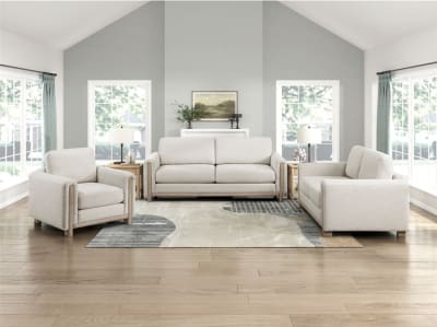 Echo 2 Piece Wood Frame Upholstered Sofa Set in Textured Beige and Natural Wood by Home Elegance - HEL-9756BE