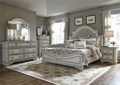 Magnolia Manor Upholstered Bed 6 Piece Bedroom Set in Antique White Finish by Liberty Furniture - 244-BR-QUBDMN