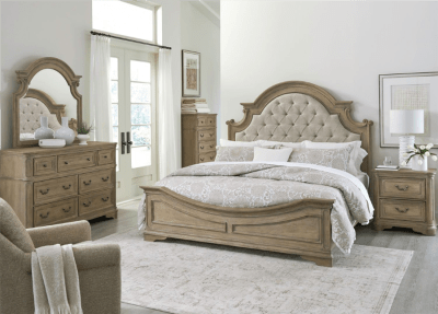 Magnolia Manor Upholstered Bed 6 Piece Bedroom Set in Weathered Bisque Finish by Liberty Furniture - LIB-244N-BR-QUBDMN