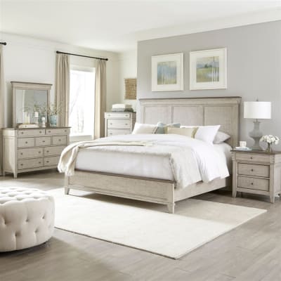 Ivy Hollow Panel Bed 6 Piece Bedroom Set in Weathered Linen Finish with Dusty Taupe Tops by Liberty Furniture - 457-BR-QPBDMN
