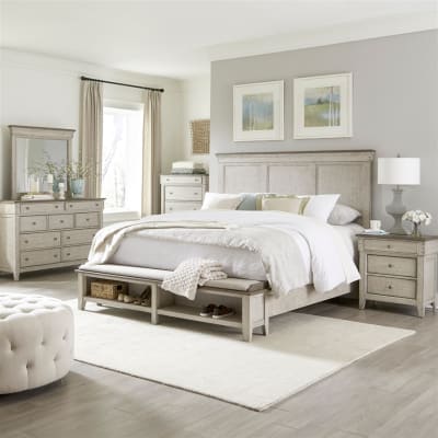 Ivy Hollow Storage Bed 6 Piece Bedroom Set in Weathered Linen Finish with Dusty Taupe Tops by Liberty Furniture - 457-BR-QSBDMN