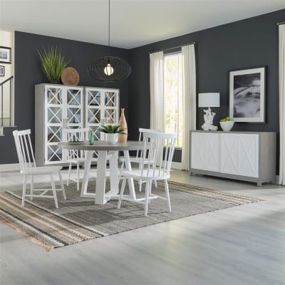 Palmetto Heights Round Pedestal Table 5 Piece Dining Set in Two Tone Shell White and Driftwood Finish by Liberty Furniture - 499-DR-O5PDS