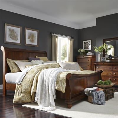 Rustic Traditions Sleigh Bed 6 Piece Bedroom Set in Rustic Cherry Finish by Liberty Furniture - LIB-589-BR-QSLDMN