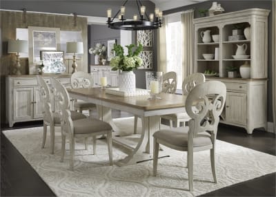Farmhouse Reimagined 5 Piece Trestle Table Set in Antique White Finish with Chestnut Tops by Liberty Furniture - 652-DR-5TRS