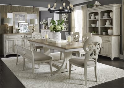 Farmhouse Reimagined 6 Piece Trestle Table Set in Antique White Finish with Chestnut Tops by Liberty Furniture - 652-DR-6TRS