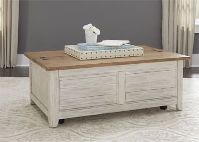 Farmhouse Reimagined Storage Trunk Cocktail Table in Antique White Finish with Chestnut Tops by Liberty Furniture - 652-OT1011