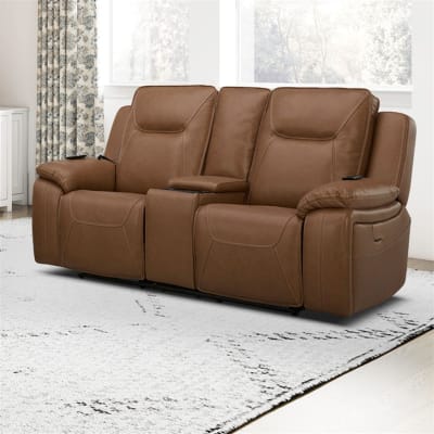 Callihan Zero Gravity Triple Power Reclining Console Loveseat in York Butternut Leather by Liberty Furniture - 7018BU-23P