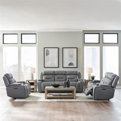 Chapman Zero Gravity Dual Power Recline 2 Piece Living Room Set in Aline Blue Gray Leather by Liberty Furniture - 7019BG-UPH-SOLO
