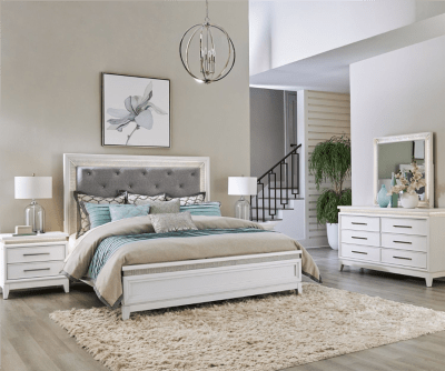 Reflections Upholstered Bed 6 Piece Bedroom Set in Pearl White Finish by Liberty Furniture - 781-BR-QUBDMN