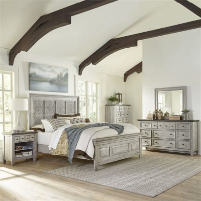 Heartland Artisan Prairie Panel Bed 6 Piece Bedroom Set in Antique White Finish with Tobacco Tops by Liberty Furniture - 824-BR-OQPBDMN