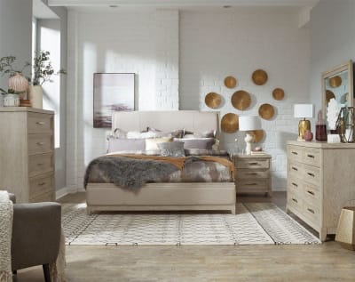 Belmar Upholstered Bed 6 Piece Bedroom Set in Washed Taupe and Silver Champagne Finish by Liberty Furniture - 902-BR-QUBDMN