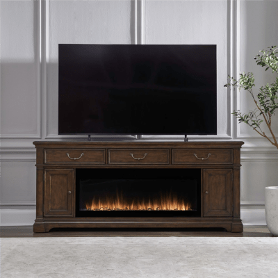Arden Road 84 Inch TV Console with Fireplace in Satin Cherry Finish by Liberty Furniture - FIRE-BOX-512-84FT