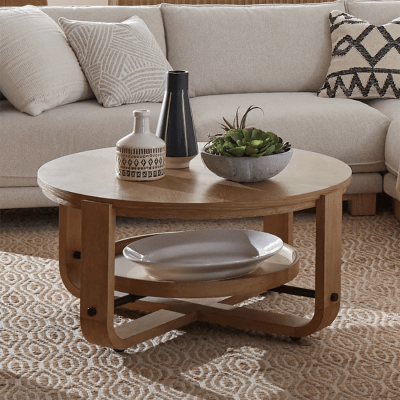 Escape Round Cocktail Table with Shelf in Glazed Natural Oak Finish by Parker House - ESC#01