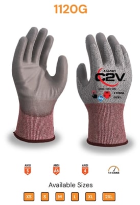 C2V A6 Cut Resistant Gloves, PU Palm, 13-Gauge, X-Slash 1120G