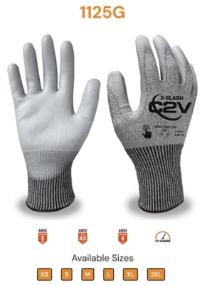 C2V A5 Cut Resistant Gloves, PU Palm, X-Slash 1125G
