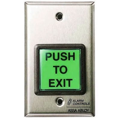 Alarm Controls TS-2-2 Request to Exit Station, 2" Green Square Push Button, Momentary DPDT Output, Single Gang, 430 Stainless Steel