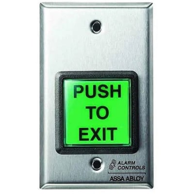 Alarm Controls TS-2-2T Request to Exit Station with Electronic Timer, 2" Green Square Push Button, SPDT Outputs, Single Gang, 430 Stainless Steel