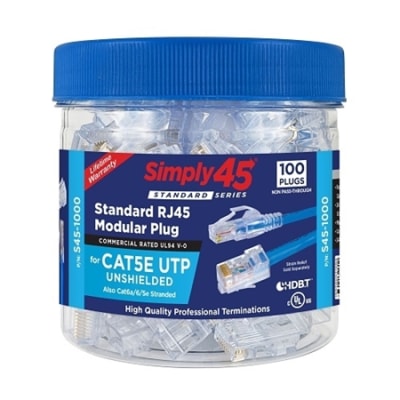 Simply45 S45-1000 CAT5e UTP Unshielded Standard RJ45 Modular Plugs, 100-Piece Jar, Blue Tint
