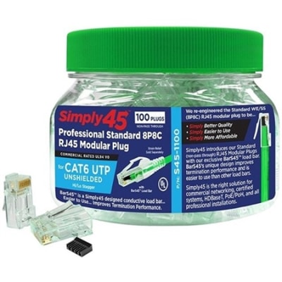 Simply45 S45-1100 CAT6 Unshielded Standard RJ45 Modular Plugs with Bars45, 100-Pack, Green Tint