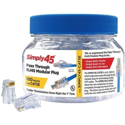 Simply45 S45-1500 CAT5e Unshielded Pass Through RJ45 Modular Plugs, 100-Piece Jar, Blue Tint