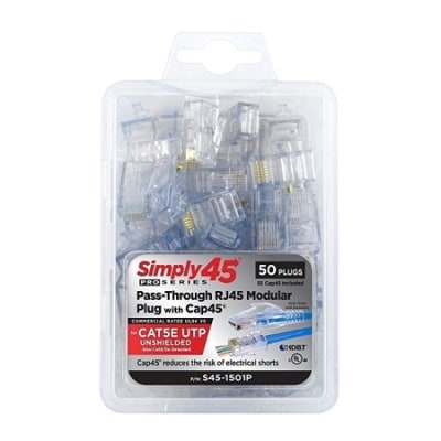 Simply45 S45-1501P ProSeries CAT5e Unshielded, Pass-Through RJ45 Modular Plugs with Cap45, 50-Piece Clamshell, Blue Tint