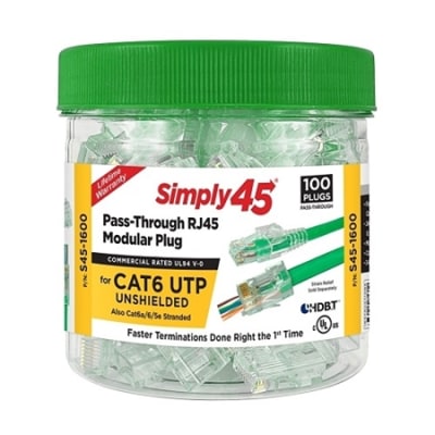 Simply45 S45-1600 CAT6 Unshielded Cable, Pass Through RJ45, 100-Pack