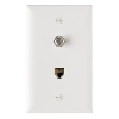 Pass & Seymour TPTELTV-W Combination F Type Coaxial Connector And Four Conductor Rj11 Telephone Jack, White